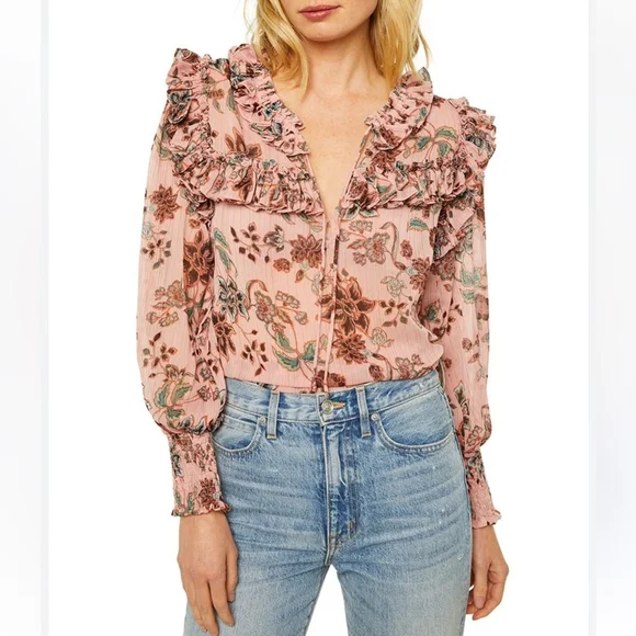 MISA Raffi Top Choco Rose Floral Ruffle Blouse - Picture 2 of 9